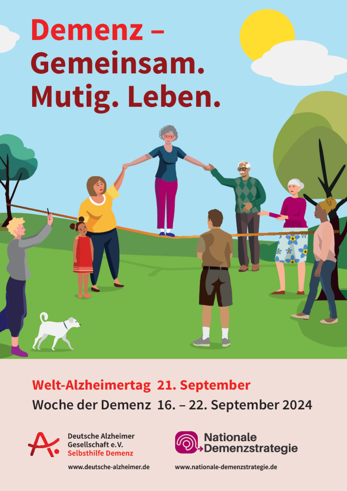 Plakat der Woche der Demenz. Zu sehen sind viele fröhliche Personen im Park. Eine Frau balanciert auf eine Slag-Leine und wird von zwei Personen gestützt.