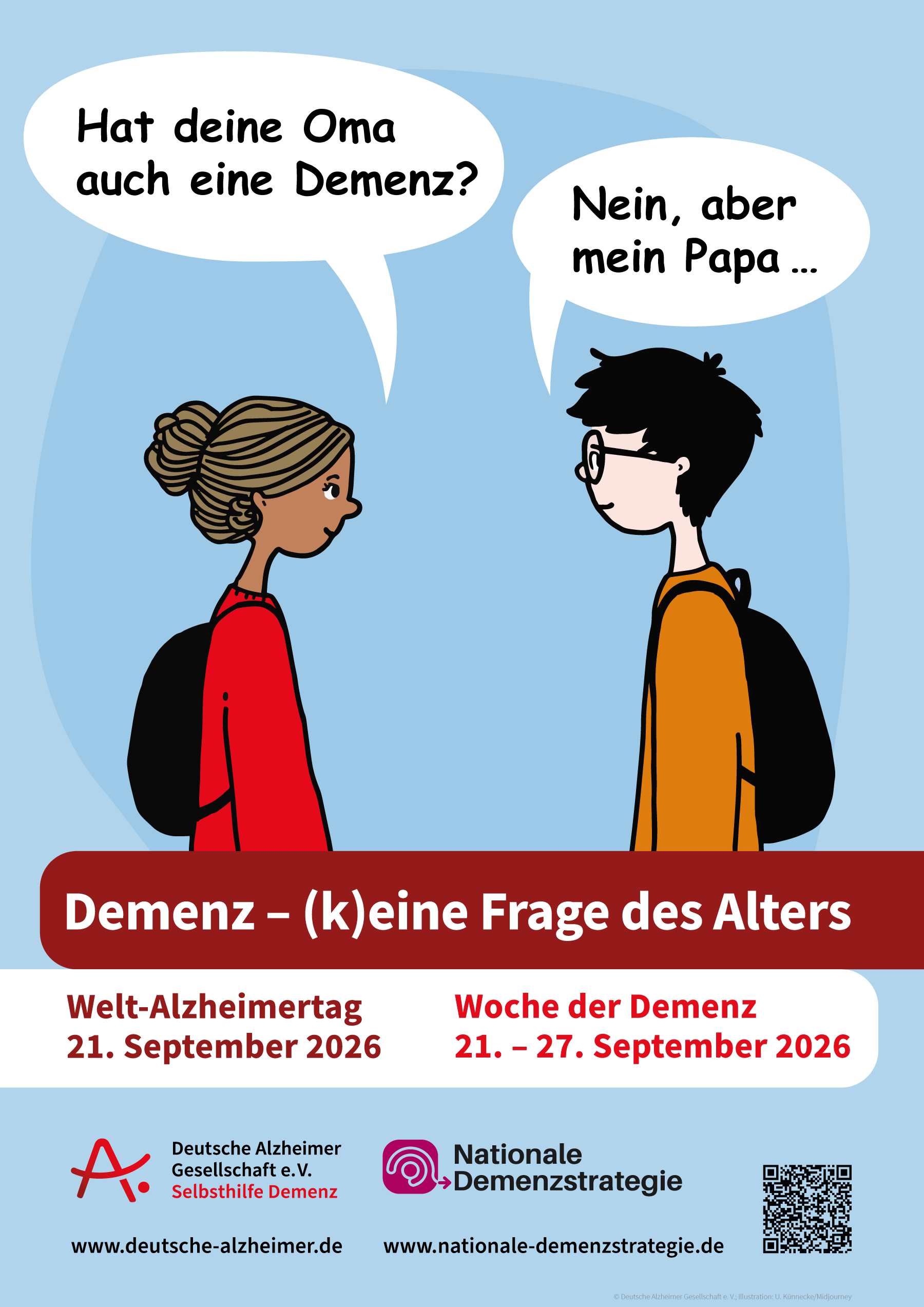 Plakat der Woche der Demenz. Zu sehen sind viele fröhliche Personen im Park. Eine Frau balanciert auf eine Slag-Leine und wird von zwei Personen gestützt.